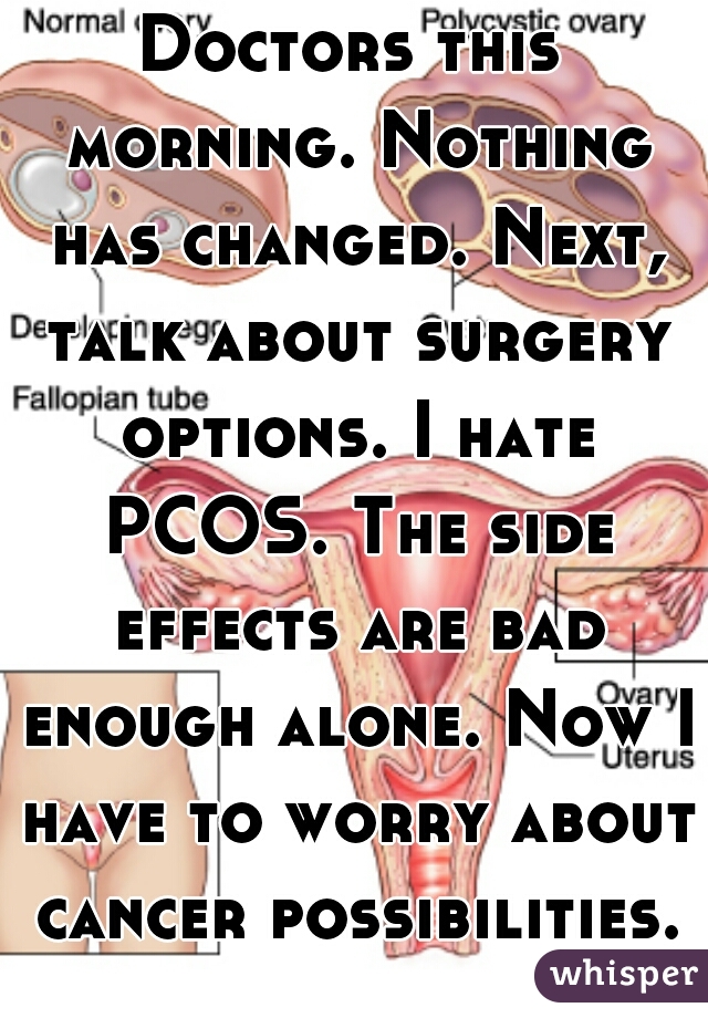 Doctors this morning. Nothing has changed. Next, talk about surgery options. I hate PCOS. The side effects are bad enough alone. Now I have to worry about cancer possibilities.