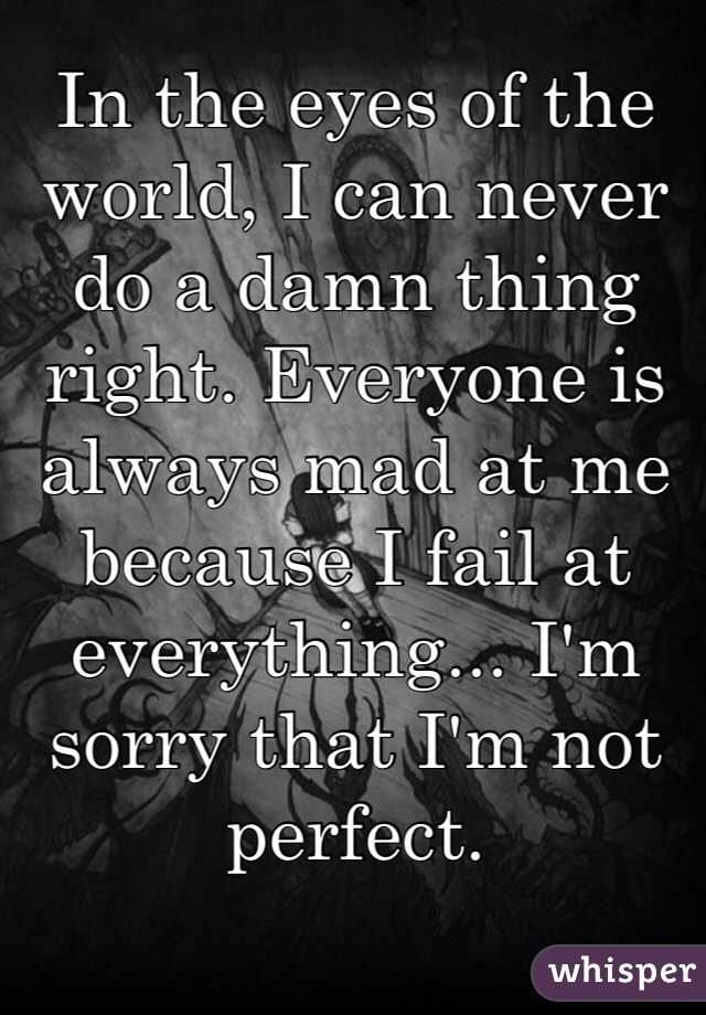 In the eyes of the world, I can never do a damn thing right. Everyone is always mad at me because I fail at everything... I'm sorry that I'm not perfect. 