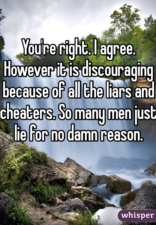You're right. I agree. However it is discouraging because of all the liars and cheaters. So many men just lie for no damn reason. 