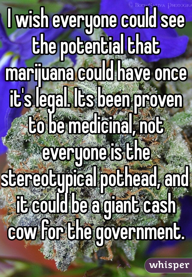 I wish everyone could see the potential that marijuana could have once it's legal. Its been proven to be medicinal, not everyone is the stereotypical pothead, and it could be a giant cash cow for the government.