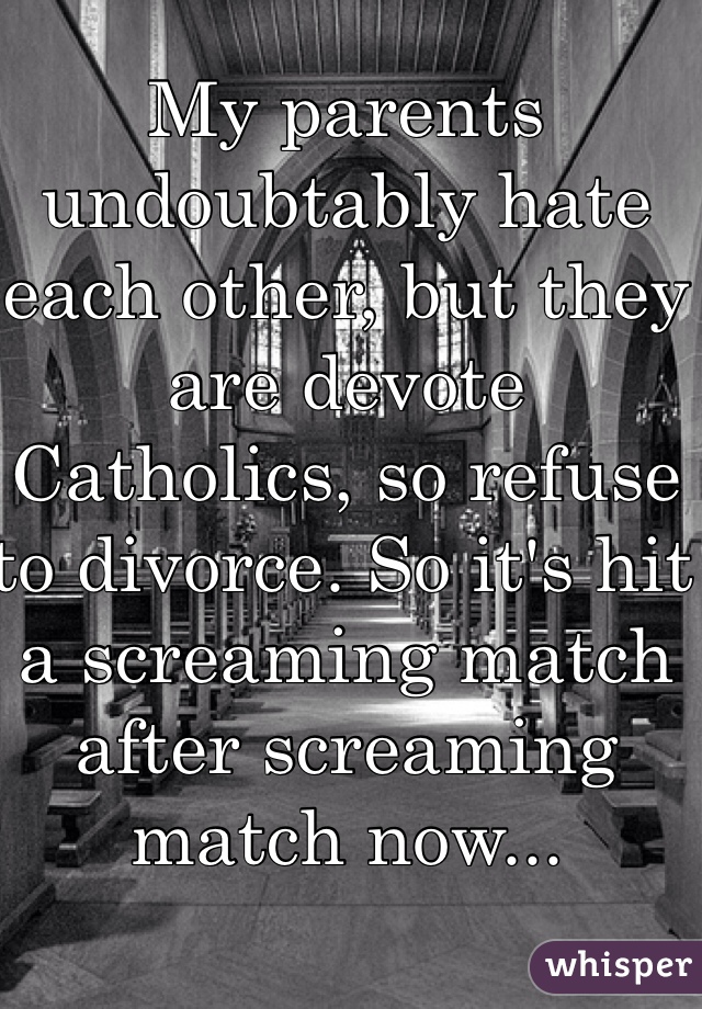 My parents undoubtably hate each other, but they are devote Catholics, so refuse to divorce. So it's hit a screaming match after screaming match now...