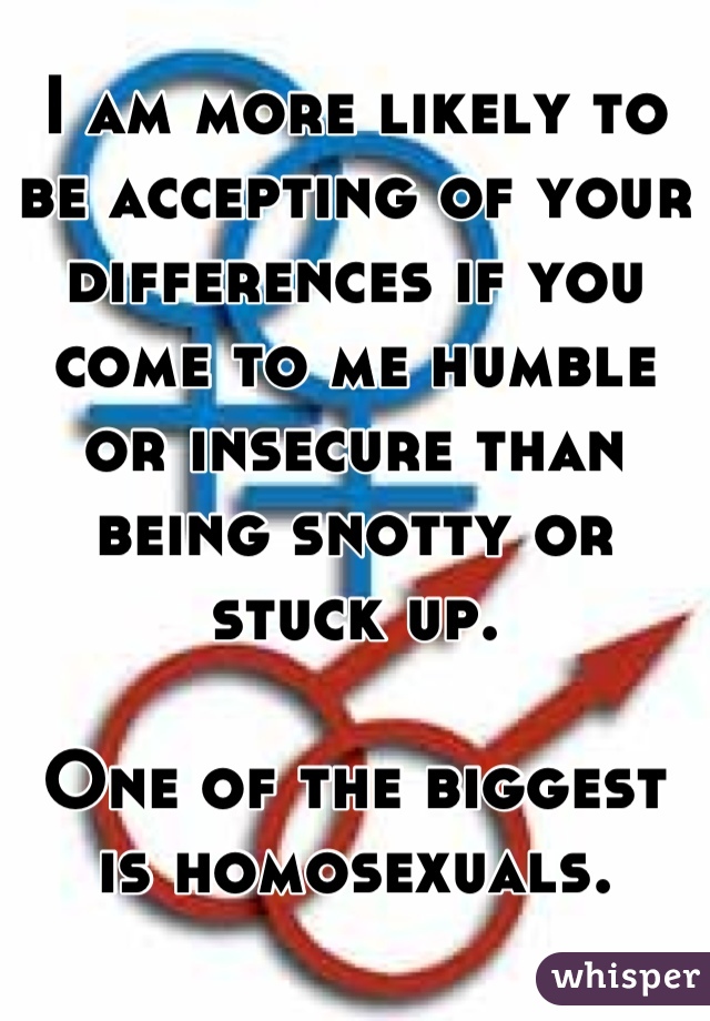 I am more likely to be accepting of your differences if you come to me humble or insecure than being snotty or stuck up.

One of the biggest is homosexuals.