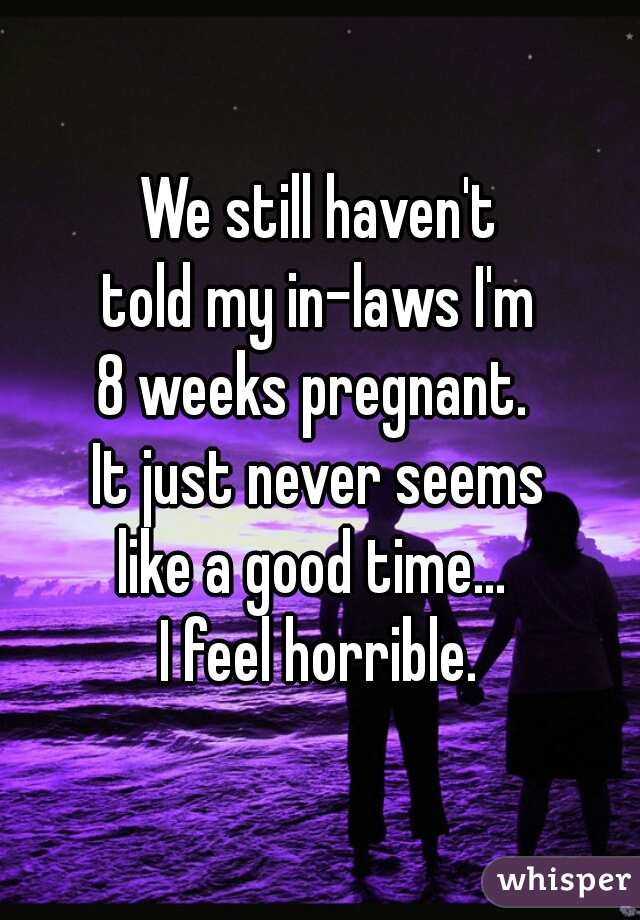 We still haven't
told my in-laws I'm
8 weeks pregnant. 
It just never seems
like a good time... 

I feel horrible.