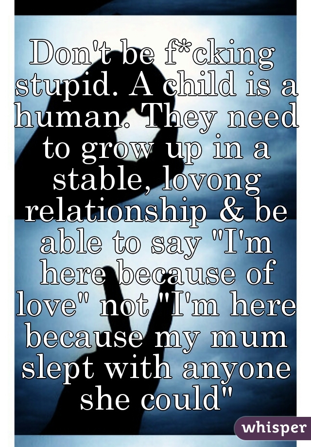 Don't be f*cking stupid. A child is a human. They need to grow up in a stable, lovong relationship & be able to say "I'm here because of love" not "I'm here because my mum slept with anyone she could"