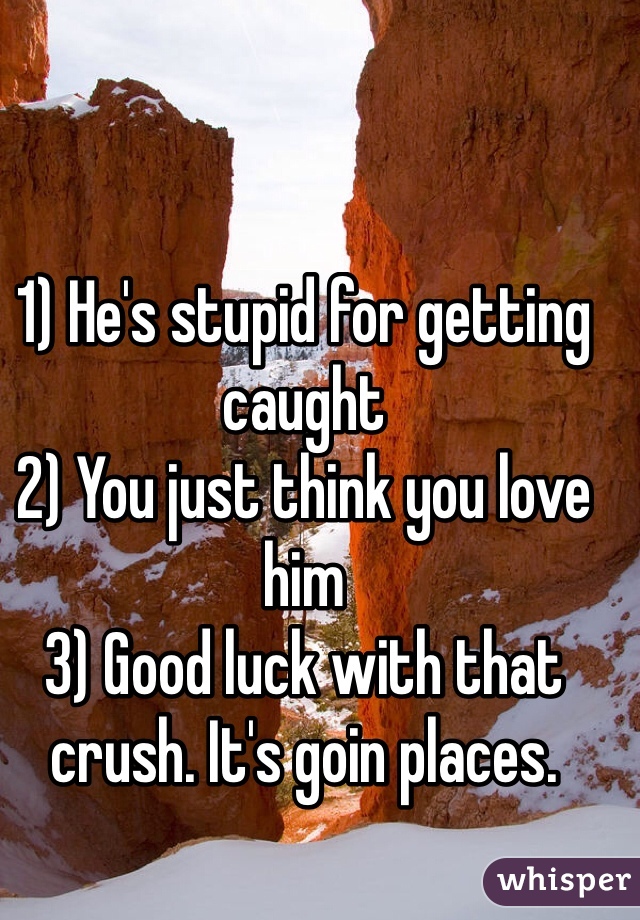 1) He's stupid for getting caught
2) You just think you love him
3) Good luck with that crush. It's goin places.