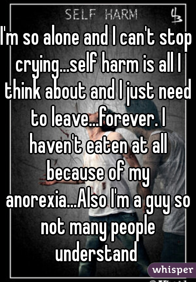 I'm so alone and I can't stop crying...self harm is all I think about and I just need to leave...forever. I haven't eaten at all because of my anorexia...Also I'm a guy so not many people understand 