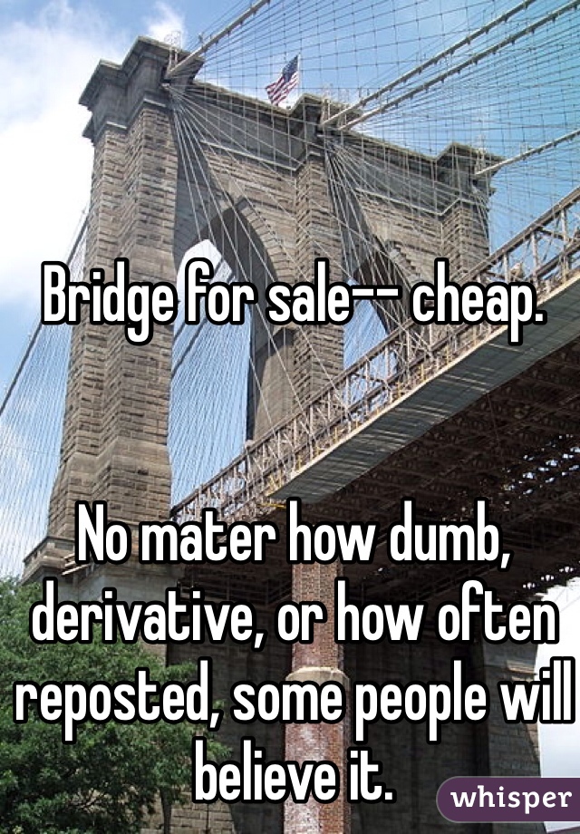 Bridge for sale-- cheap.


No mater how dumb, derivative, or how often reposted, some people will believe it. 