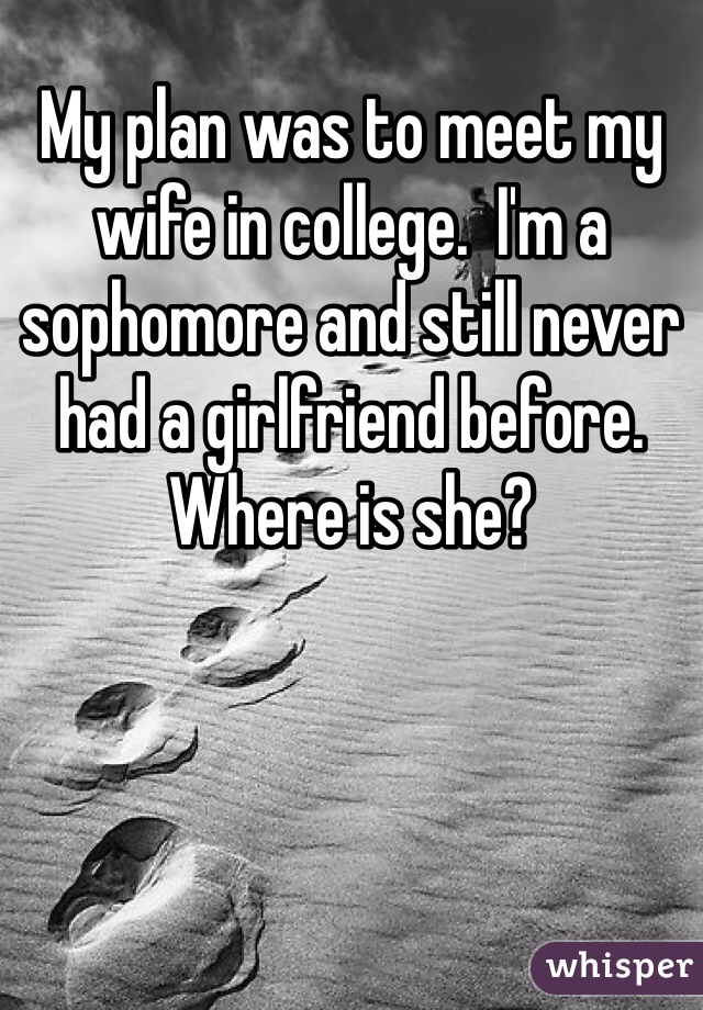 My plan was to meet my wife in college.  I'm a sophomore and still never had a girlfriend before.  Where is she?