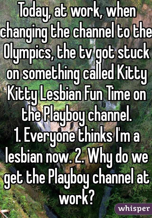 Today, at work, when changing the channel to the Olympics, the tv got stuck on something called Kitty Kitty Lesbian Fun Time on the Playboy channel. 
1. Everyone thinks I'm a lesbian now. 2. Why do we get the Playboy channel at work?
