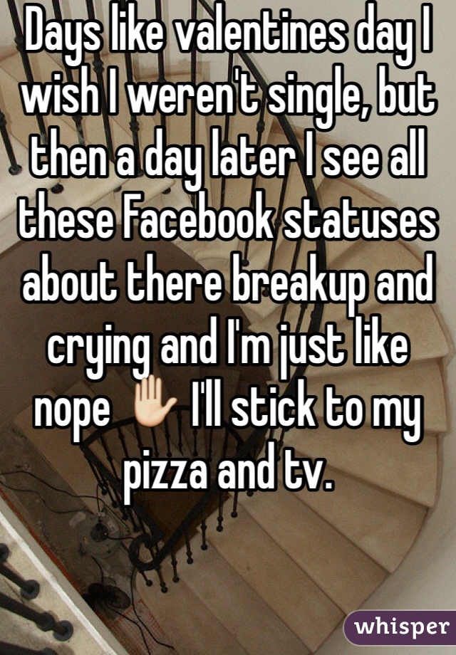 Days like valentines day I wish I weren't single, but then a day later I see all these Facebook statuses about there breakup and crying and I'm just like nope ✋ I'll stick to my pizza and tv. 