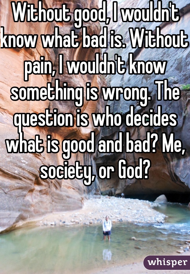 Without good, I wouldn't know what bad is. Without pain, I wouldn't know something is wrong. The question is who decides what is good and bad? Me, society, or God?