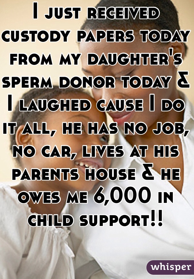 I just received custody papers today from my daughter's sperm donor today & I laughed cause I do it all, he has no job, no car, lives at his parents house & he owes me 6,000 in child support!! 