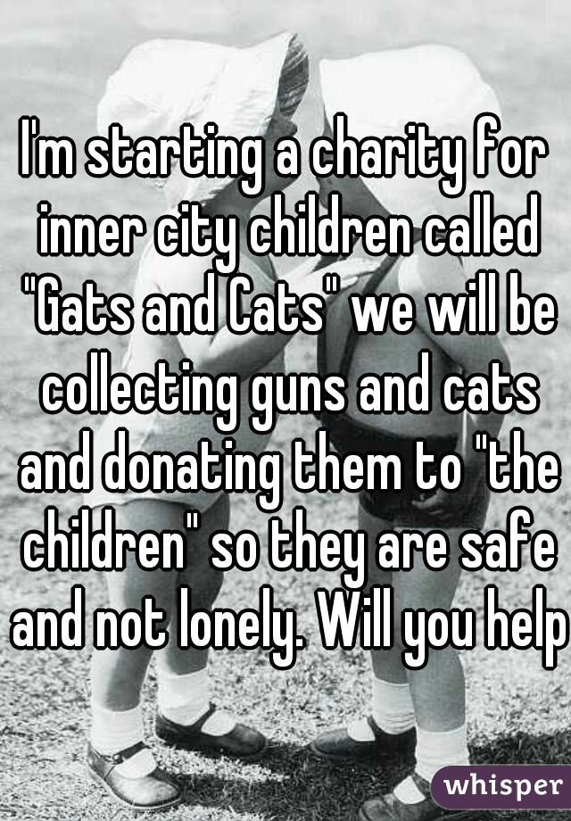 I'm starting a charity for inner city children called "Gats and Cats" we will be collecting guns and cats and donating them to "the children" so they are safe and not lonely. Will you help?