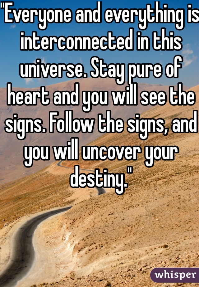"Everyone and everything is interconnected in this universe. Stay pure of heart and you will see the signs. Follow the signs, and you will uncover your destiny."