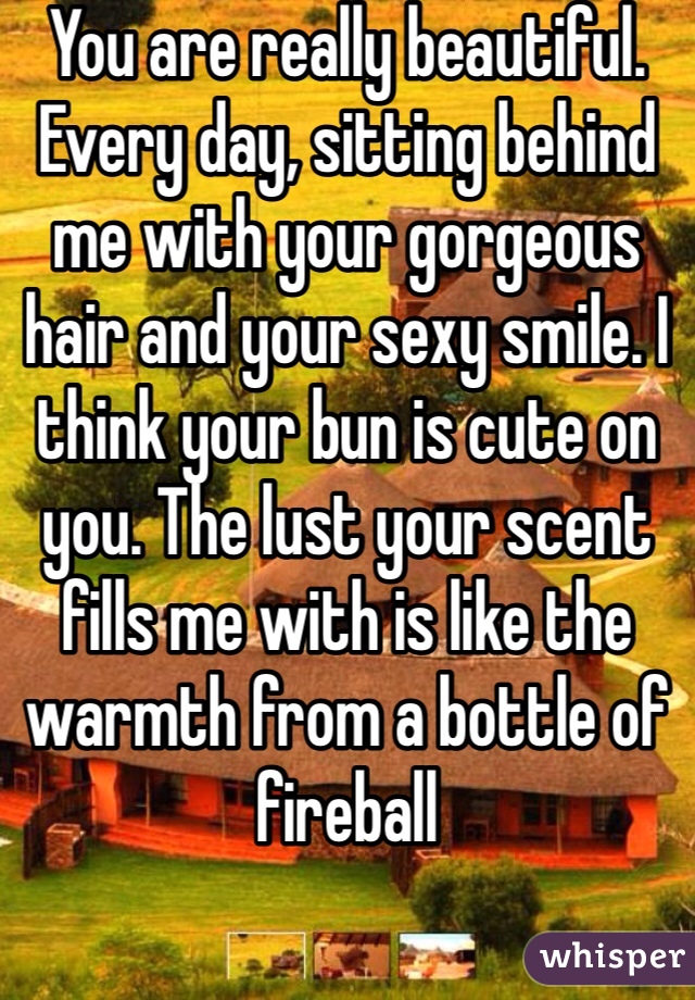 You are really beautiful. Every day, sitting behind me with your gorgeous hair and your sexy smile. I think your bun is cute on you. The lust your scent fills me with is like the warmth from a bottle of fireball