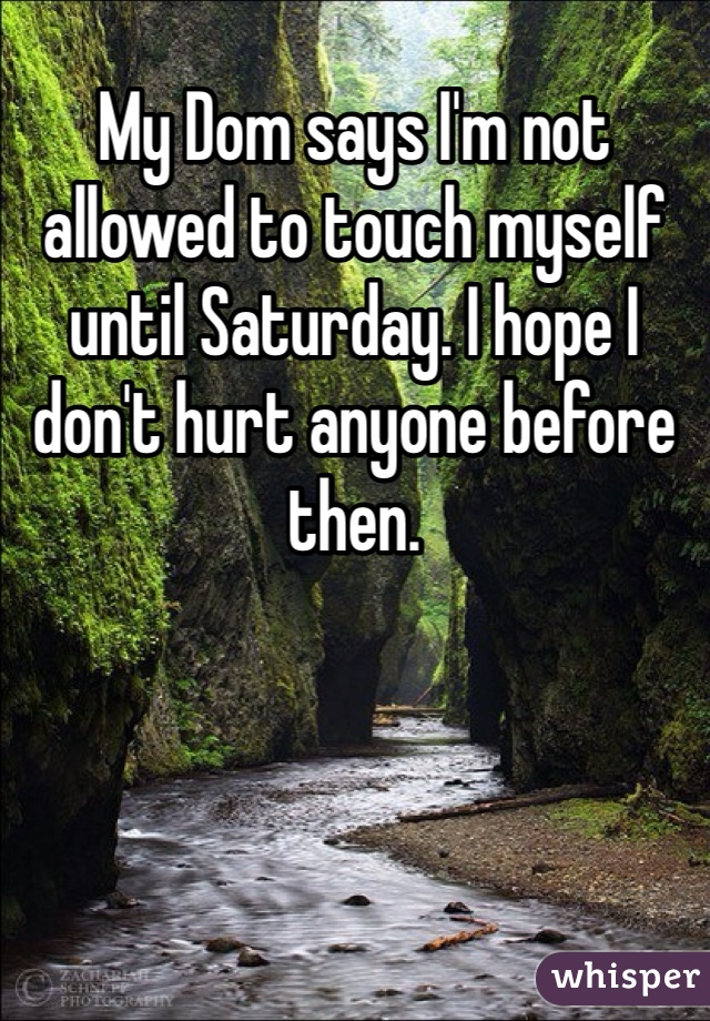 My Dom says I'm not allowed to touch myself until Saturday. I hope I don't hurt anyone before then.