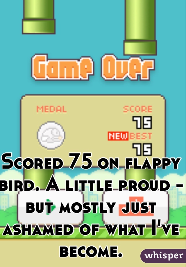 Scored 75 on flappy bird. A little proud - but mostly just ashamed of what I've become.