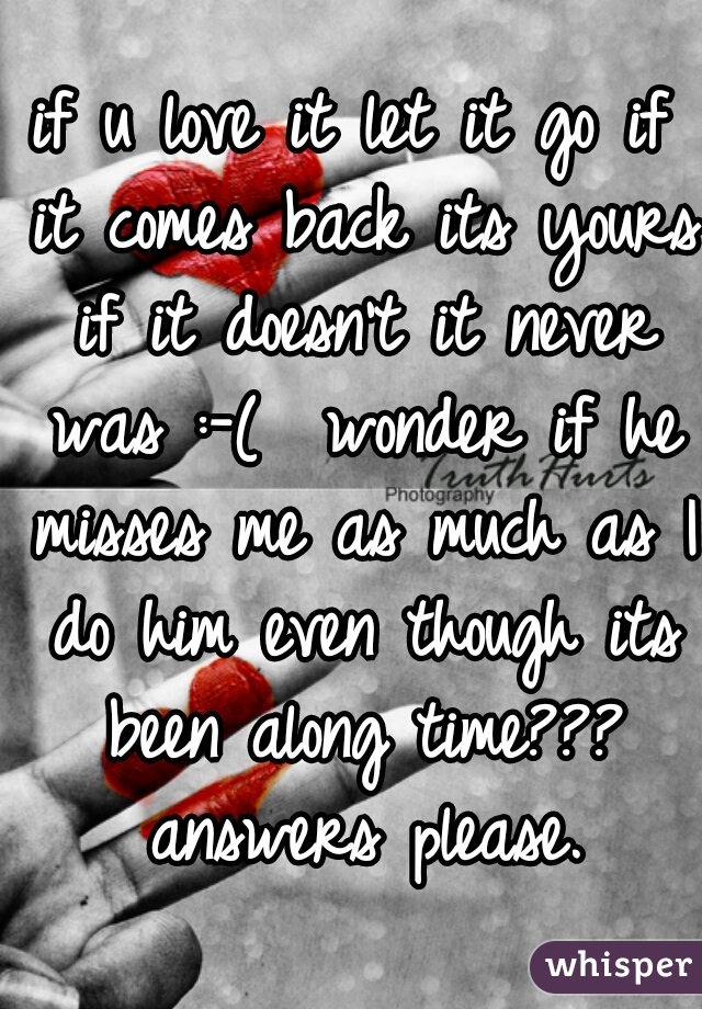 if u love it let it go if it comes back its yours if it doesn't it never was :-(  wonder if he misses me as much as I do him even though its been along time??? answers please.