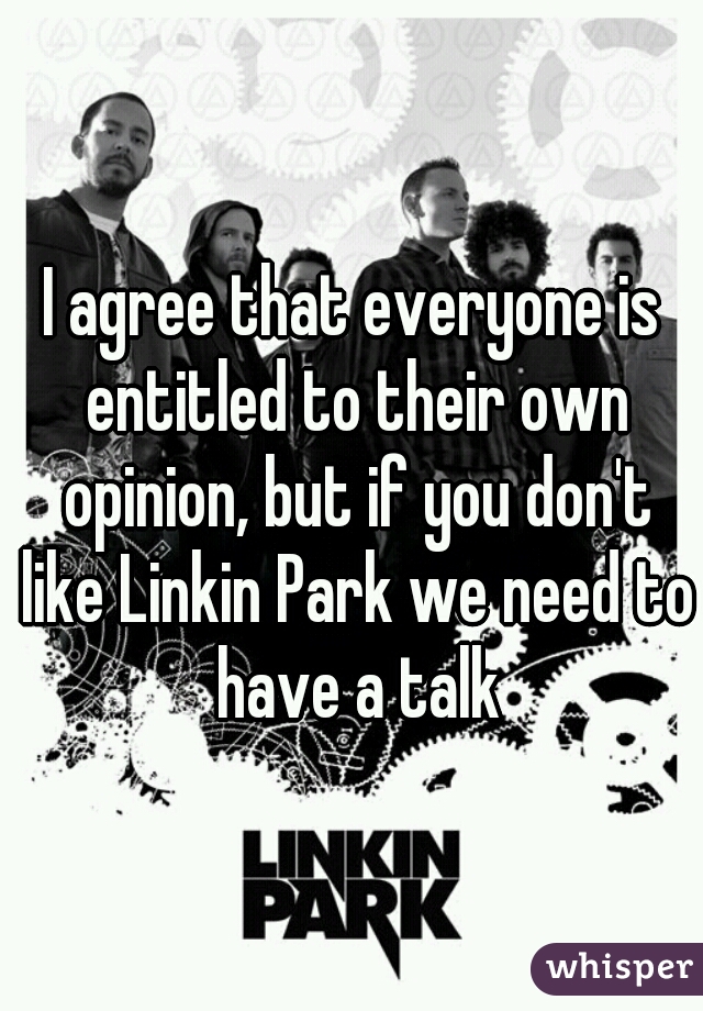 I agree that everyone is entitled to their own opinion, but if you don't like Linkin Park we need to have a talk