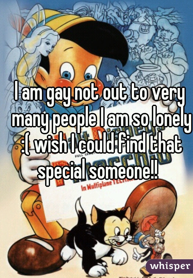 I am gay not out to very many people I am so lonely :( wish I could find that special someone!!  