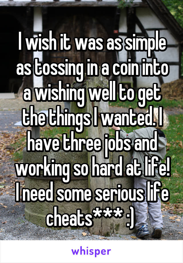 I wish it was as simple as tossing in a coin into a wishing well to get the things I wanted. I have three jobs and working so hard at life! I need some serious life cheats*** :) 