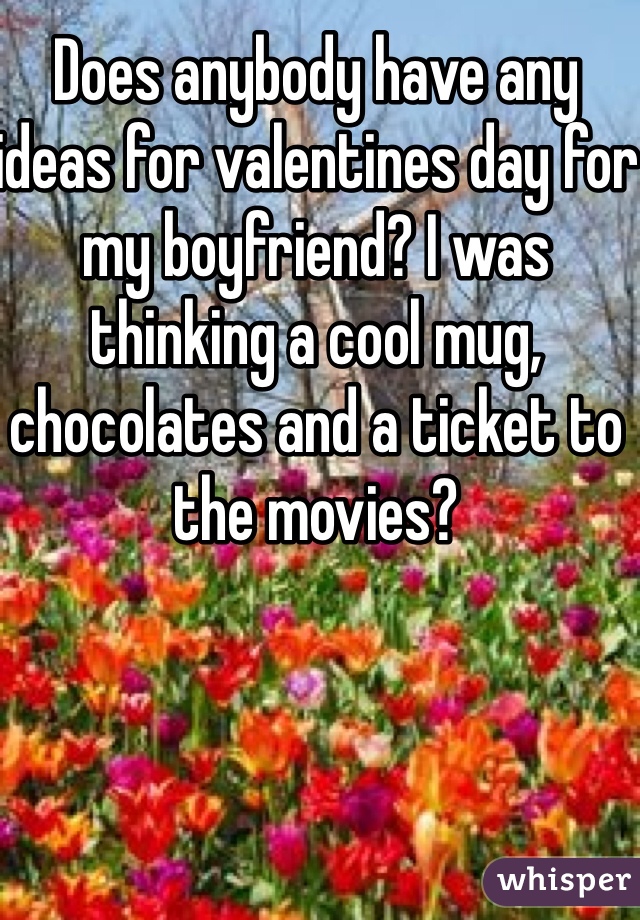 Does anybody have any ideas for valentines day for my boyfriend? I was thinking a cool mug, chocolates and a ticket to the movies?