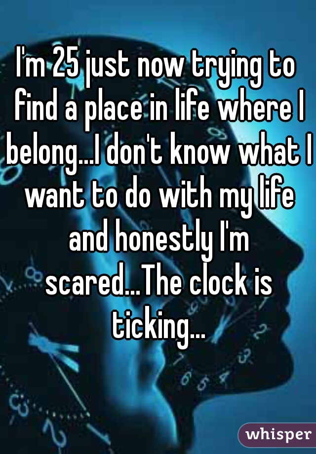 I'm 25 just now trying to find a place in life where I belong...I don't know what I want to do with my life and honestly I'm scared...The clock is ticking...