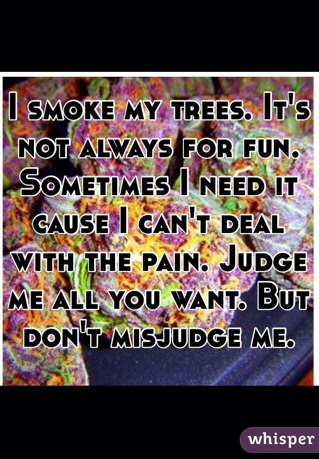 I smoke my trees. It's not always for fun. Sometimes I need it cause I can't deal with the pain. Judge me all you want. But don't misjudge me.