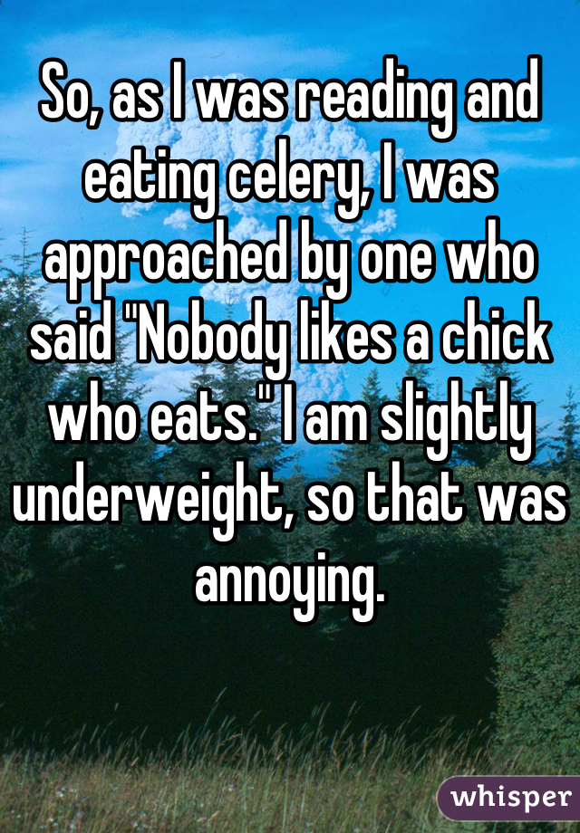 So, as I was reading and eating celery, I was approached by one who said "Nobody likes a chick who eats." I am slightly underweight, so that was annoying.
