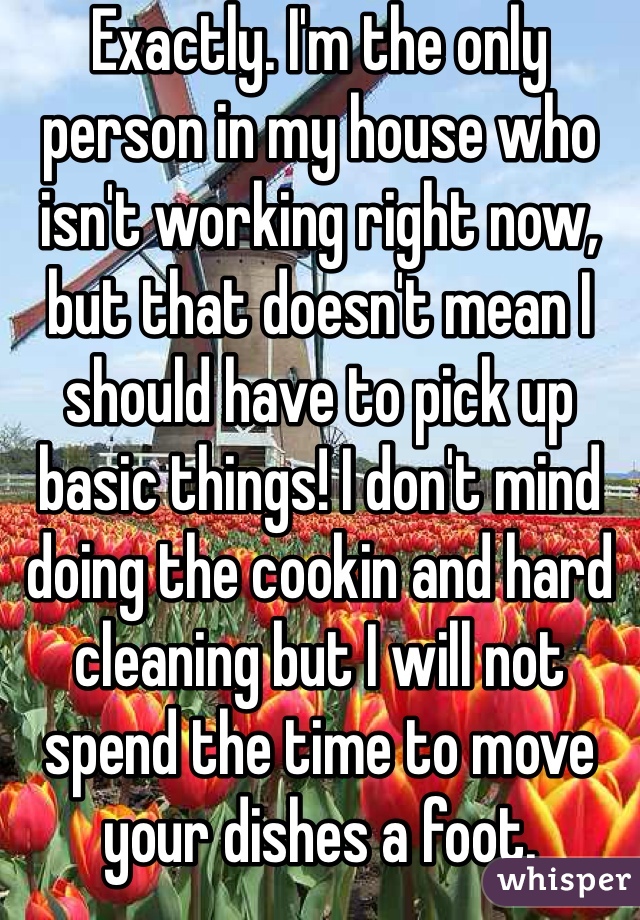 Exactly. I'm the only person in my house who isn't working right now, but that doesn't mean I should have to pick up basic things! I don't mind doing the cookin and hard cleaning but I will not spend the time to move your dishes a foot.