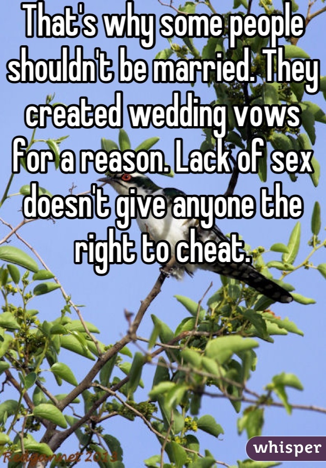 That's why some people shouldn't be married. They created wedding vows for a reason. Lack of sex doesn't give anyone the right to cheat.