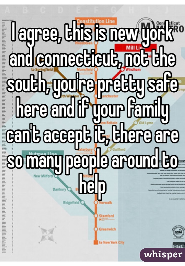 I agree, this is new york and connecticut, not the south, you're pretty safe here and if your family can't accept it, there are so many people around to help