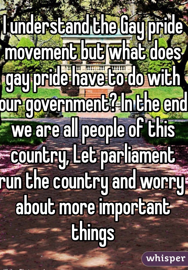 I understand the Gay pride movement but what does gay pride have to do with our government? In the end we are all people of this country, Let parliament run the country and worry about more important things