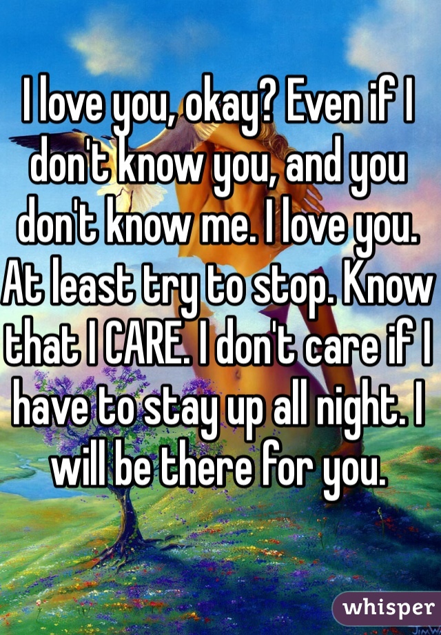 I love you, okay? Even if I don't know you, and you don't know me. I love you. At least try to stop. Know that I CARE. I don't care if I have to stay up all night. I will be there for you.