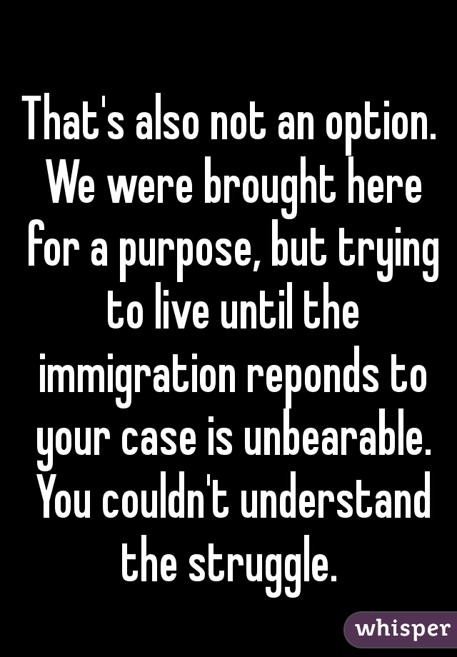 That's also not an option. We were brought here for a purpose, but trying to live until the immigration reponds to your case is unbearable. You couldn't understand the struggle. 