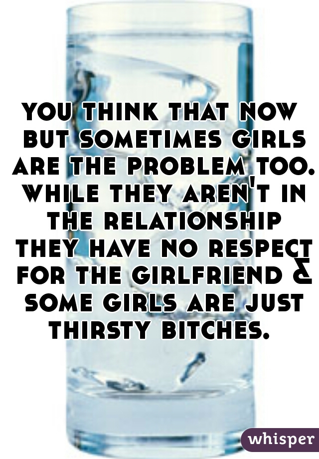 you think that now but sometimes girls are the problem too. while they aren't in the relationship they have no respect for the girlfriend & some girls are just thirsty bitches. 