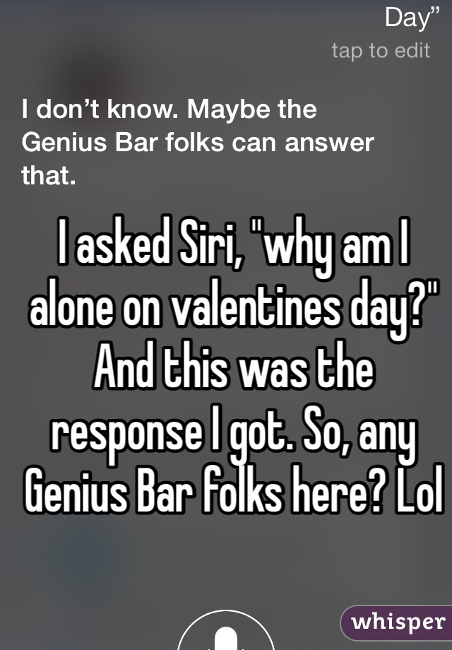 I asked Siri, "why am I alone on valentines day?" And this was the response I got. So, any Genius Bar folks here? Lol