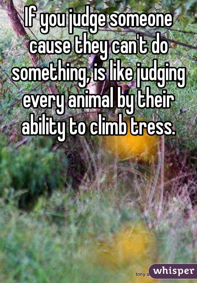 If you judge someone cause they can't do something, is like judging every animal by their ability to climb tress.