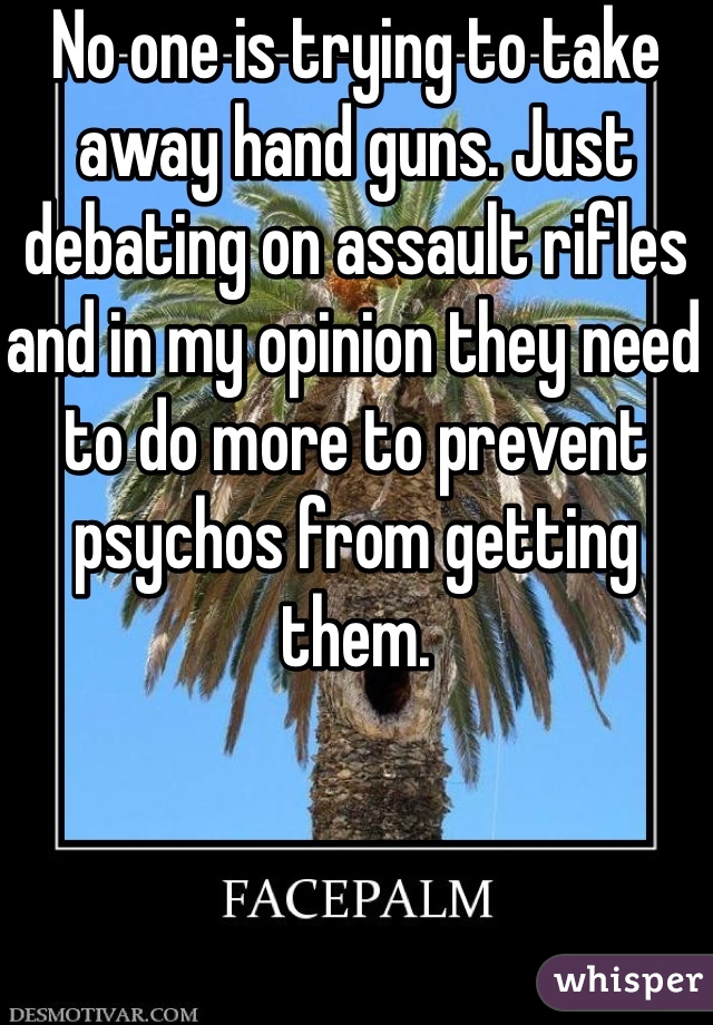 No one is trying to take away hand guns. Just debating on assault rifles and in my opinion they need to do more to prevent psychos from getting them. 