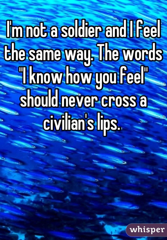 I'm not a soldier and I feel the same way. The words "I know how you feel" should never cross a civilian's lips. 