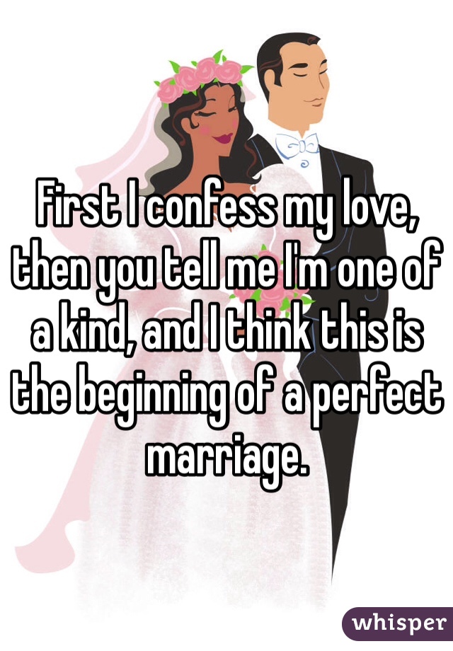 First I confess my love, then you tell me I'm one of a kind, and I think this is the beginning of a perfect marriage.