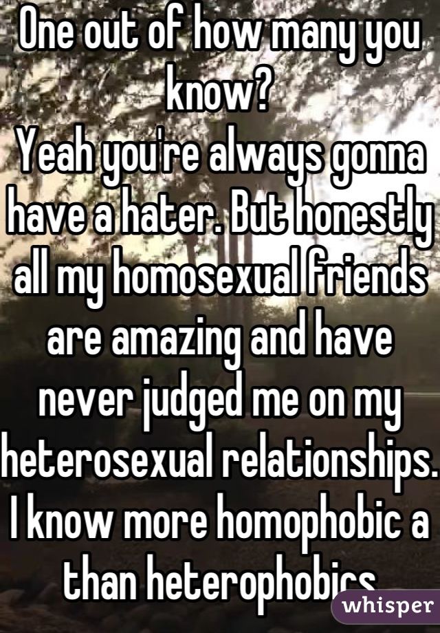 One out of how many you know?
Yeah you're always gonna have a hater. But honestly all my homosexual friends are amazing and have never judged me on my heterosexual relationships. I know more homophobic a than heterophobics