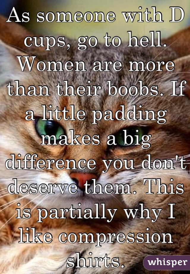 As someone with D cups, go to hell. Women are more than their boobs. If a little padding makes a big difference you don't deserve them. This is partially why I like compression shirts.