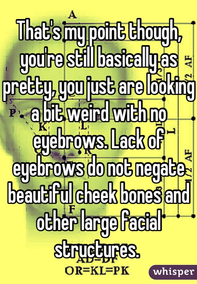 That's my point though, you're still basically as pretty, you just are looking a bit weird with no eyebrows. Lack of eyebrows do not negate beautiful cheek bones and other large facial structures. 