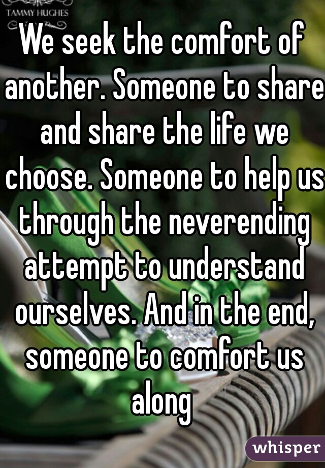 
We seek the comfort of another. Someone to share and share the life we choose. Someone to help us through the neverending attempt to understand ourselves. And in the end, someone to comfort us along 