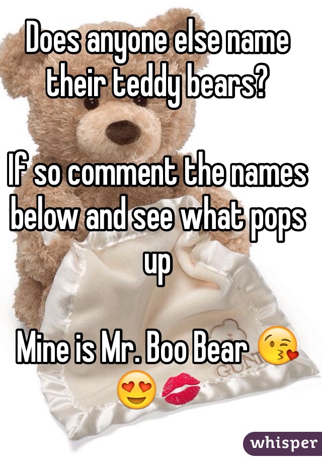 Does anyone else name their teddy bears? 

If so comment the names below and see what pops up 

Mine is Mr. Boo Bear 😘😍💋