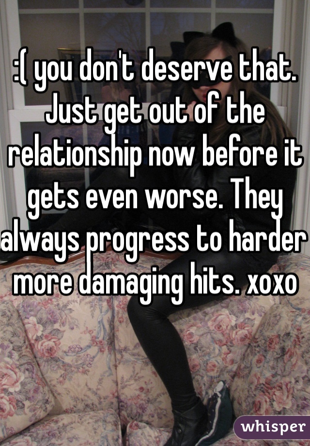 :( you don't deserve that. Just get out of the relationship now before it gets even worse. They always progress to harder more damaging hits. xoxo