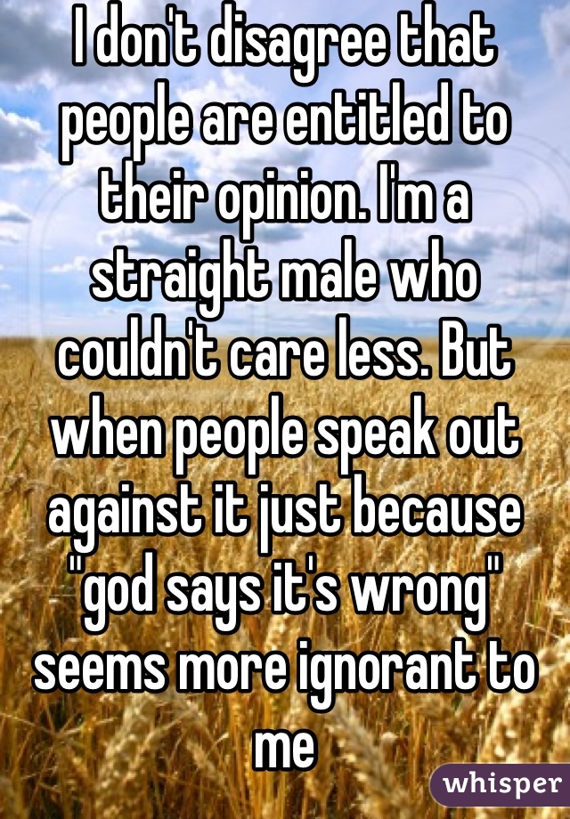 I don't disagree that people are entitled to their opinion. I'm a straight male who couldn't care less. But when people speak out against it just because "god says it's wrong" seems more ignorant to me