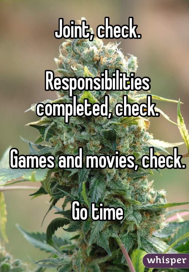 Joint, check.

Responsibilities completed, check.

Games and movies, check.

Go time