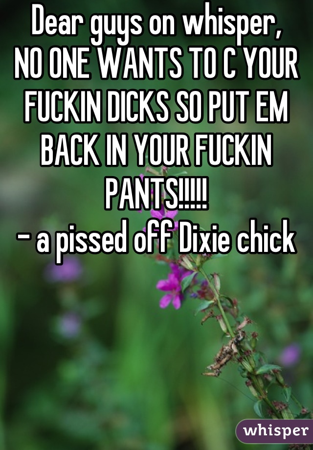 Dear guys on whisper,
NO ONE WANTS TO C YOUR FUCKIN DICKS SO PUT EM BACK IN YOUR FUCKIN PANTS!!!!!
- a pissed off Dixie chick